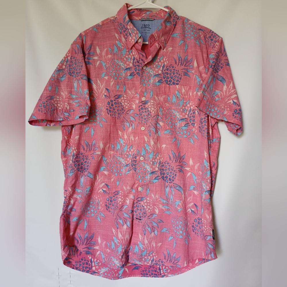 IZOD Saltwater Hawaiian shirt Size L Color Pineapple Pattern Pink/Blue/Yellow